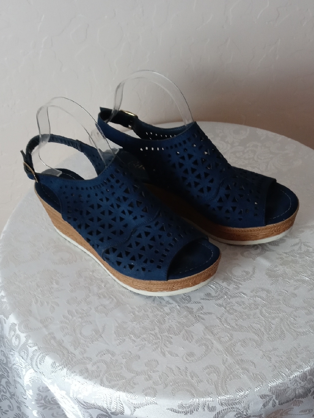 Cucos Navy Laser-Cut Slingback Wedge Sandals
